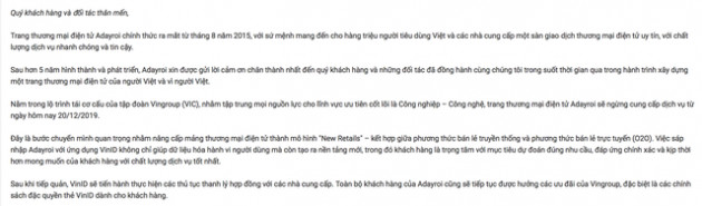 Adayroi của Vingroup biên tâm thư chính thức ngừng bán hàng, nhắm nâng cấp mảng TMĐT thành mô hình New Retails - Ảnh 1.