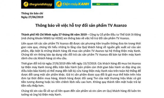 Asanzo phản đối chính sách thu hồi, đổi trả sản phẩm của Điện Máy Xanh, Nguyễn Kim... - Ảnh 1.