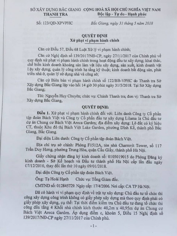 Bắc Giang: Chung cư Bách Việt Areca Garden xây dựng tới tầng 4 mới phát hiện chưa có GPXD - Ảnh 2.