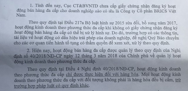 Bộ Công Thương khẳng định chưa cấp phép kinh doanh đa cấp cho Công ty BRICS Việt Nam - Ảnh 1.