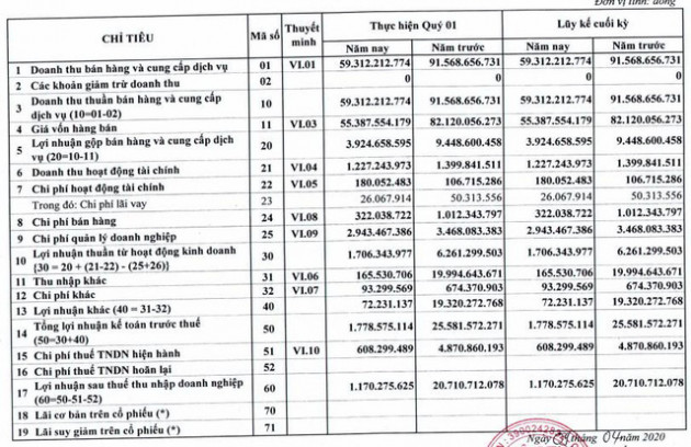 Cao su Tân Biên (RTB mẹ): Quý 1/2020 lãi hơn 1 tỷ đồng, giảm 94% so với cùng kỳ - Ảnh 1.