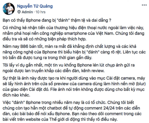 CEO BKAV Nguyễn Tử Quảng: Bphone đang bị đánh bởi những kẻ nhận tiền thương hiệu nước ngoài, BKAV sẽ kiện theo Luật An ninh mạng