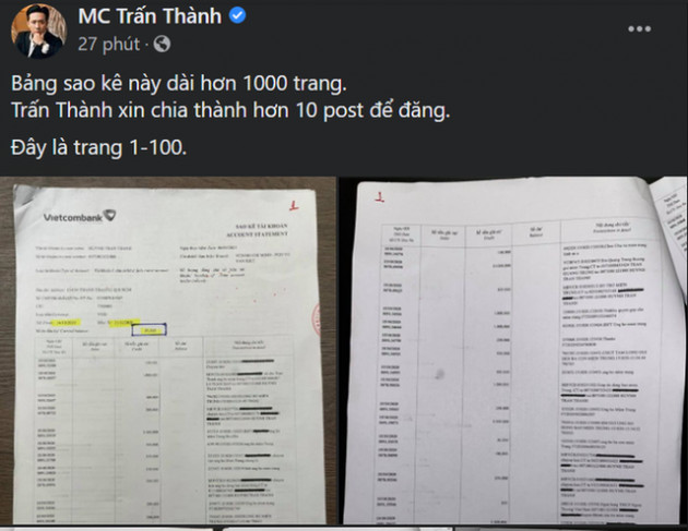 Chi tiết bất thường trong sao kê Trấn Thành đăng Facebook không cánh mà bay, thực hư ra sao? - Ảnh 1.