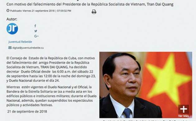 Cuba tuyên bố quốc tang tưởng niệm Chủ tịch nước Trần Đại Quang