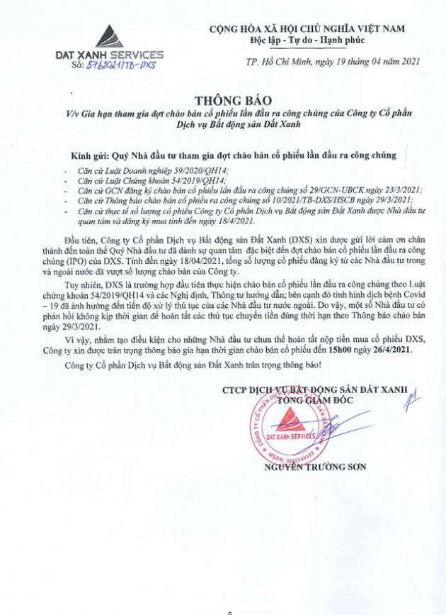 Dat Xanh Services điều chỉnh thời gian nộp tiền mua cổ phiếu DXS trong đợt IPO - Ảnh 1.