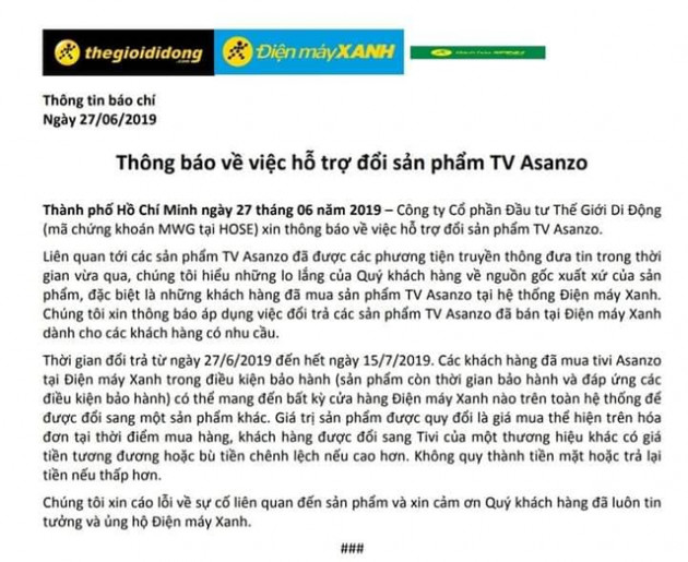 Đến lượt Điện Máy Xanh và Điện máy Chợ Lớn thông báo thu đổi tivi Asanzo trên toàn hệ thống - Ảnh 2.