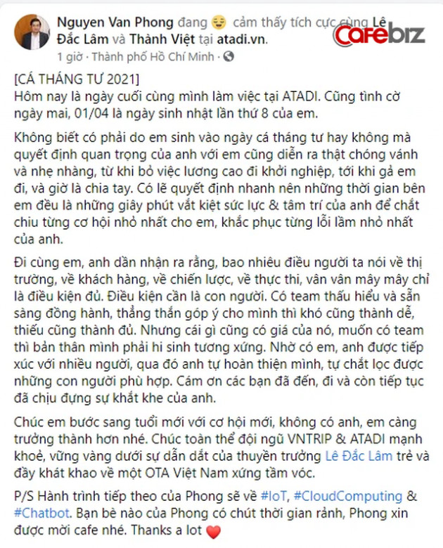  Founder Nguyễn Văn Phong ra đi sau hơn 2 năm bán Atadi cho VnTrip: ‘Thời gian bên em đều là những giây phút vắt kiệt sức lực và tâm trí của anh để chắt chiu từng cơ hội nhỏ nhất’ - Ảnh 1.