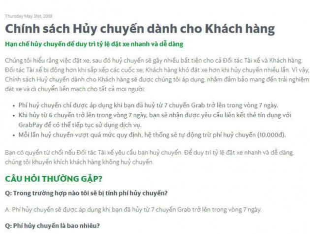 Grab bất ngờ xóa thông tin thu 10.000 đồng phí hủy chuyến trên website