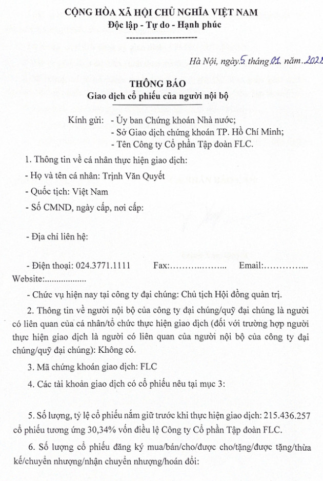 Hai văn bản gửi UBCK và HOSE về việc bán 175 triệu cổ phiếu của ông Trịnh Văn Quyết đã biến mất trên trang web của Tập đoàn FLC - Ảnh 2.
