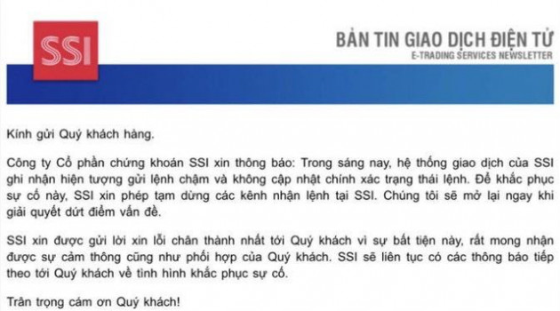 Hệ thống giao dịch SSI gặp sự cố, dừng các kênh nhận lệnh trong sáng 7/7 - Ảnh 1.