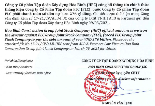 Hòa Bình vừa thông báo thắng kiện, FLC cho biết đã nộp đơn kiện ngược lại - Ảnh 1.