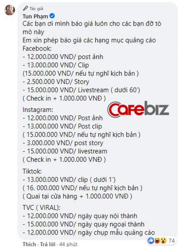  Hot Tiktoker Tun Phạm bất ngờ tiết lộ báo giá quảng cáo: Đăng 1 post Facebook bằng nhiều người làm việc cả tháng - Ảnh 1.