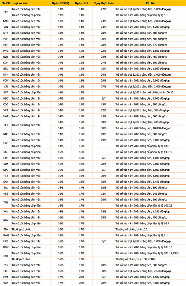 Lịch chốt quyền cổ tức, thưởng cổ phiếu tuần 13/6 - 17/6 - Ảnh 1.