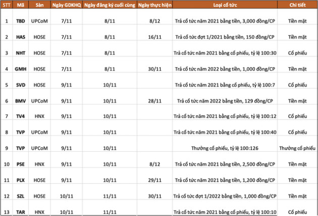 Lịch chốt quyền cổ tức, thưởng cổ phiếu tuần 7/11 - 11/11 - Ảnh 1.