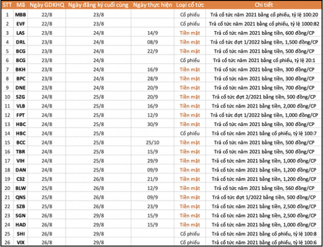 Lịch chốt quyền cổ tức tiền mặt và cổ phiếu tuần 22/8 - 29/8 - Ảnh 1.