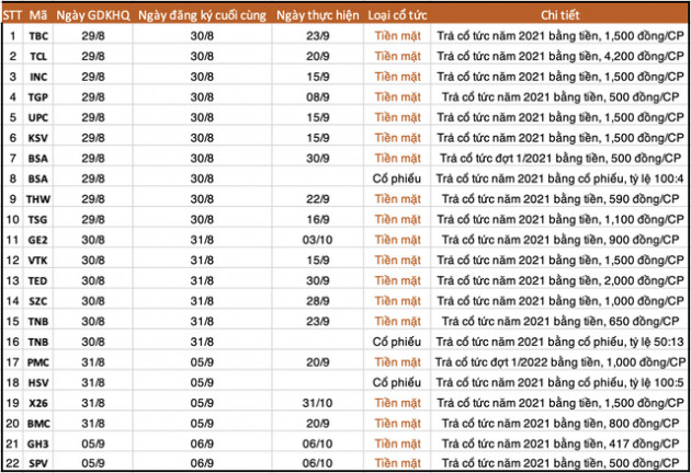 Lịch chốt quyền cổ tức tiền mặt và cổ phiếu tuần 29/8 - 5/9 - Ảnh 1.