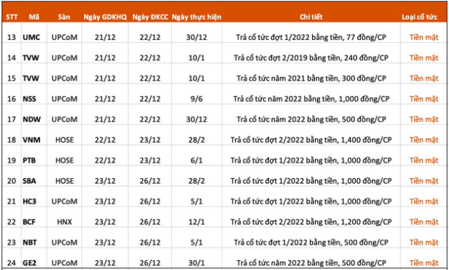 Lịch chốt quyền cổ tức tuần 19/12 - 23/12: Xuất hiện doanh nghiệp trả cổ tức tiền mặt 100% - Ảnh 2.