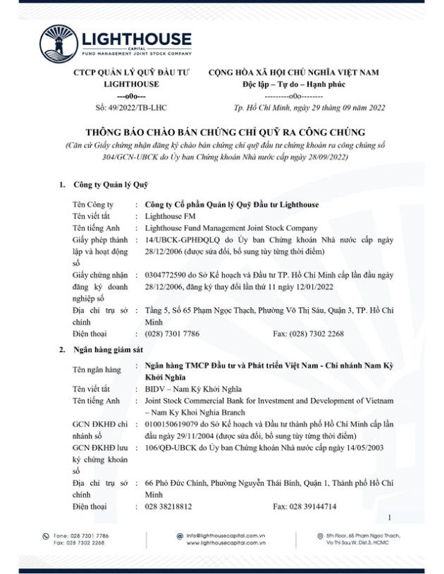Lighthouse Capital thông báo chào bán chứng chỉ Quỹ LHBF ra công chúng - Ảnh 1.