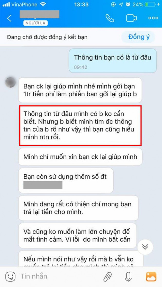 Luật sư nói gì về vụ cô gái bị người lạ chuyển nhầm số tiền 30 triệu đồng rồi bị truy SĐT để nhắn tin như đòi nợ - Ảnh 1.