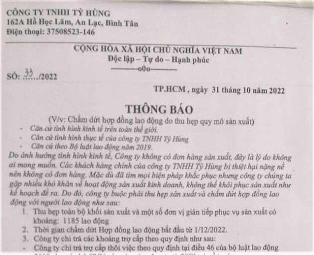 Một doanh nghiệp nước ngoài đột ngột chấm dứt hợp đồng gần 1.200 lao động - Ảnh 1.