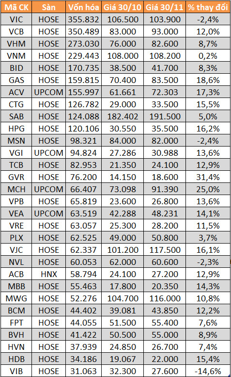 Nhiều cổ phiếu tăng trên 50% trong tháng 11 - Ảnh 1.