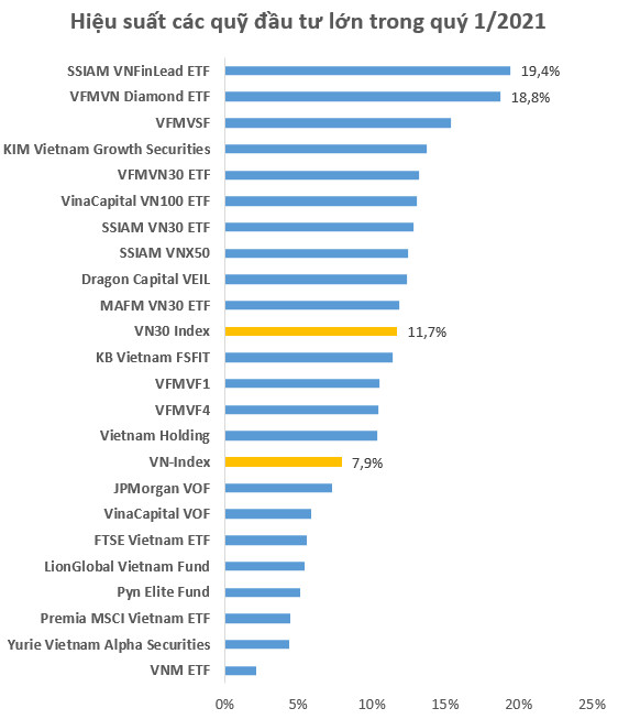 Nhiều quỹ thắng lớn trên TTCK Việt Nam trong quý 1, bộ đôi VFMVN Diamond ETF và SSIAM VNFinLead ETF bỏ xa phần còn lại - Ảnh 1.