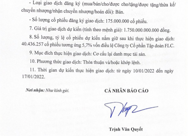 Ông Trịnh Văn Quyết bất ngờ đăng ký bán 175 triệu cổ phiếu FLC từ ngày 10/1 - Ảnh 1.