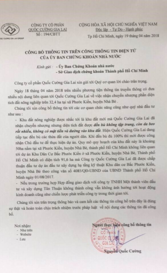 Quốc Cường Gia Lai chính thức lên tiếng về vụ mua hơn 32ha đất Phước Kiển giá bèo từ Công ty Tân Thuận - Ảnh 1.