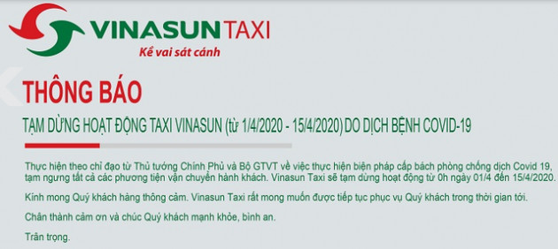 Sau Grab, Be, Mai Linh, đến lượt Vinasun cũng công bố tạm ngừng hoạt động để ngăn ngừa dịch bệnh Covid19 - Ảnh 1.