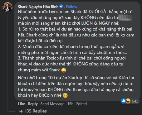 Shark Bình: "Thành phần toxic xấu tính chê bai người khác thì không xứng đáng đầu tư chung mâm với Shark"