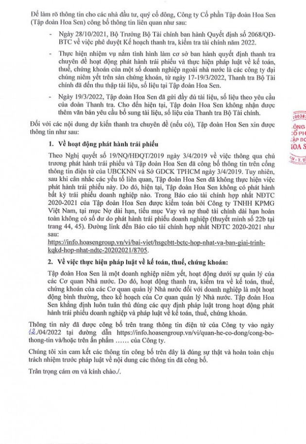 Tập đoàn Hoa Sen gửi công văn làm rõ thông tin phát hành trái phiếu - Ảnh 2.
