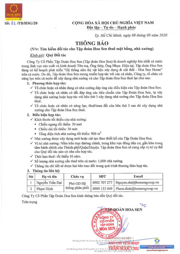 Tập đoàn Hoa Sen tìm kiếm đối tác cho thuê mặt bằng, nhà xưởng triển khai Hoa Sen Home - Ảnh 1.