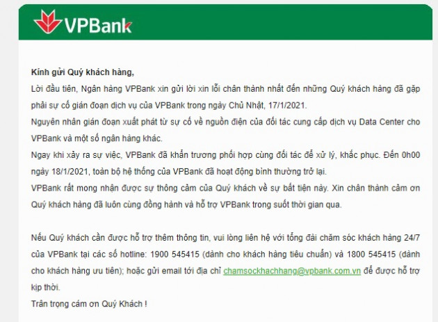 Thêm VPBank thông báo đã khắc phục xong sự cố gián đoạn dịch vụ - Ảnh 1.