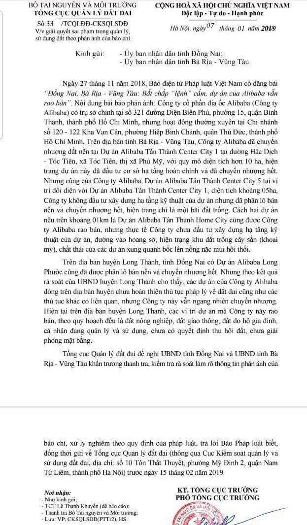 [Tin nóng] Tối hậu thư đề nghị xử lý nghiêm vụ Địa ốc Alibaba bán đất nền sai quy định tại nhiều địa phương - Ảnh 1.