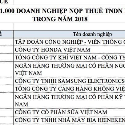 Tổng cục Thuế công bố 1.000 doanh nghiệp nộp thuế lớn nhất Việt Nam 2018