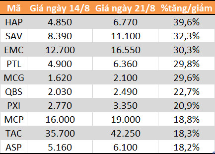 Top 10 cổ phiếu tăng/giảm mạnh nhất tuần: Nhóm vốn hóa vừa và nhỏ hút dòng tiền - Ảnh 1.