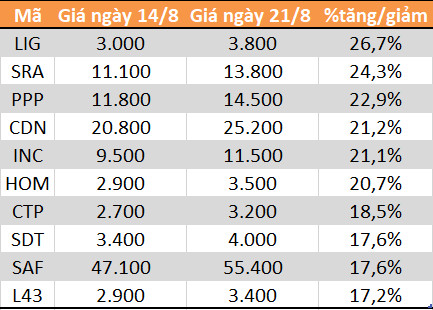 Top 10 cổ phiếu tăng/giảm mạnh nhất tuần: Nhóm vốn hóa vừa và nhỏ hút dòng tiền - Ảnh 2.