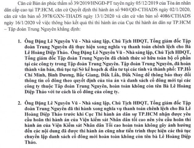 Trung Nguyên tuyên bố bà Thảo không còn là cổ đông ngay, khẳng định yêu cầu hoãn thi hành án của VKS không gây ảnh hưởng - Ảnh 1.