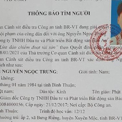 Truy tìm một giám đốc công ty BĐS tại Bà Rịa – Vũng Tàu bị tố lừa đảo chiếm đoạt tài sản