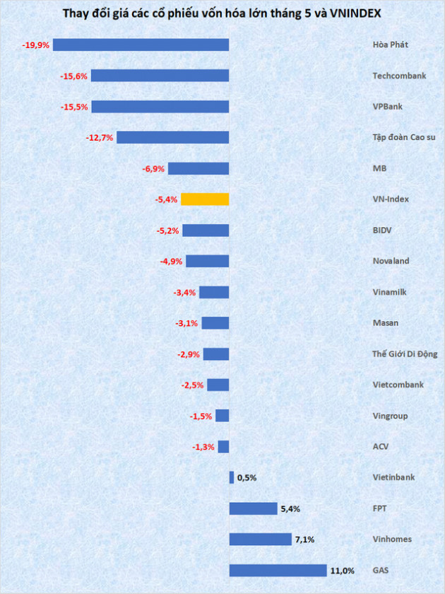  Vốn hóa Hòa Phát, VPBank, Techcombank bốc hơi mạnh nhất tháng 5, FPT, Vinhomes, GAS ngược dòng ấn tượng - Ảnh 2.