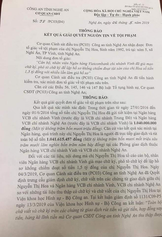 Vụ khách hàng tố mất 1,5 tỷ khi gửi ngân hàng: Công an kết luận vụ việc