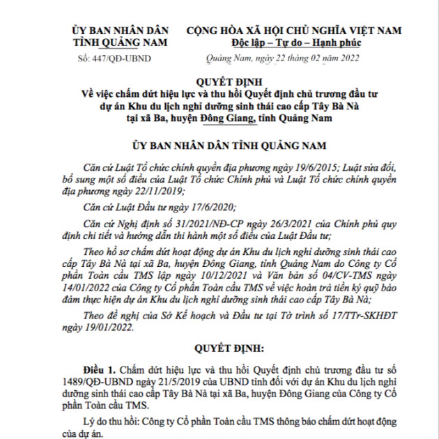 Chính thức ‘khai tử’ siêu dự án du lịch nghỉ dưỡng Tây Bà Nà