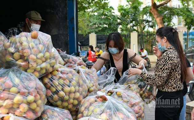 Giữa trưa nắng rát, người Hà Nội mua vải thiều ủng hộ Bắc Giang