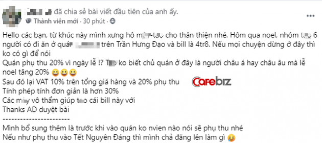 Khách hàng tố quán ăn Sài Gòn 'chém đẹp' dịp Noel: Tiền ăn 4,8 triệu đồng, phụ thu gần 1 triệu, thuế VAT 10% tính trên tổng hóa đơn đã có phụ thu