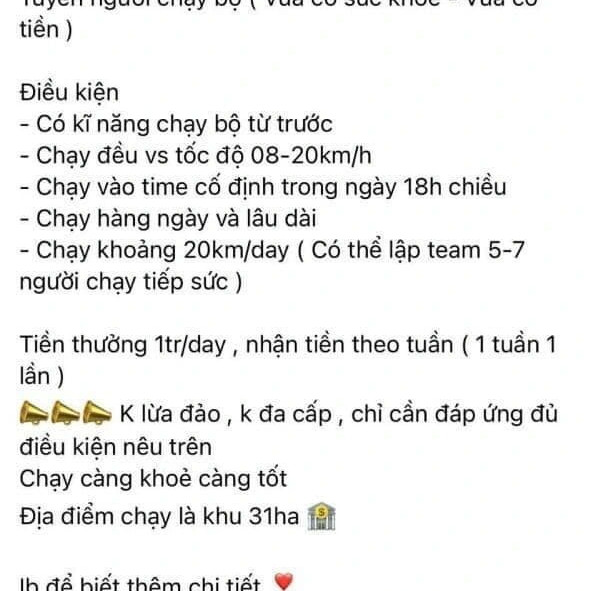 Kỳ lạ chuyện tuyển người chạy bộ 1 triệu đồng/ngày, nhận tiền liền tayicon