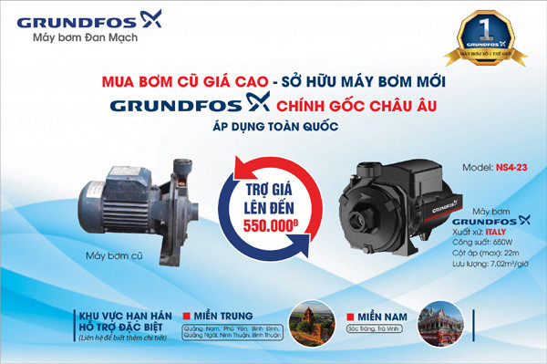 Mua bơm cũ giá cao - Sở hữu máy bơm mới Grundfos