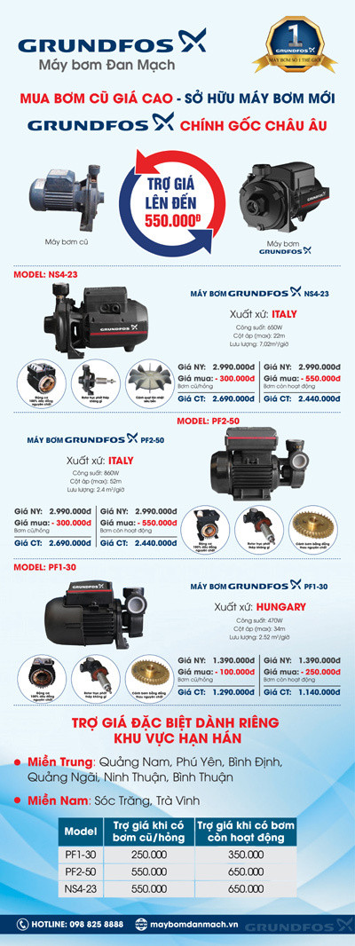 Mua bơm cũ giá cao - Sở hữu máy bơm mới Grundfos