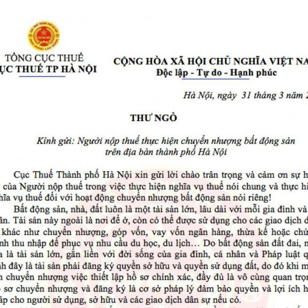 Ngăn nạn khai sai giá nhà đất, Cục Thuế gửi thư ngỏicon