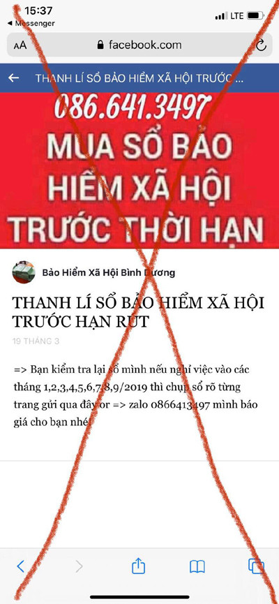 Tài khoản Facebook mạo danh BHXH thu mua sổ bảo hiểm