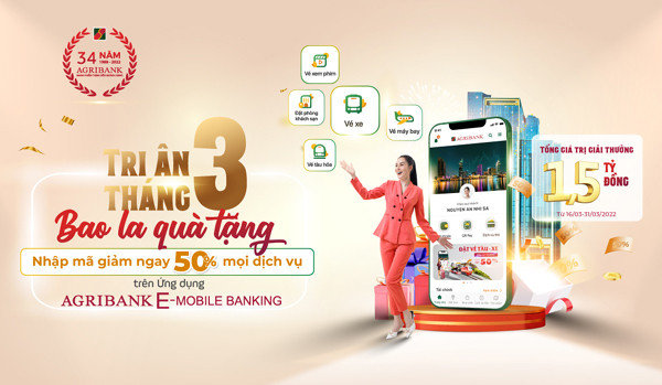 Ưu đãi 50% mua vé máy bay, đặt phòng khách sạn trên Agribank E-Mobile Banking